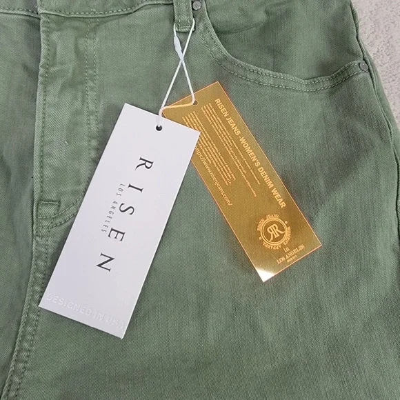 RISEN NEW Women's 1XL Olive High Rise Wide Leg Distressed Raw Hem Denim Jeans - Picture 10 of 12